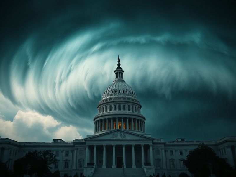 A split-image composition: on the left, a Category 4 hurricane bearing down on a coastal city with debris flying; on the righ