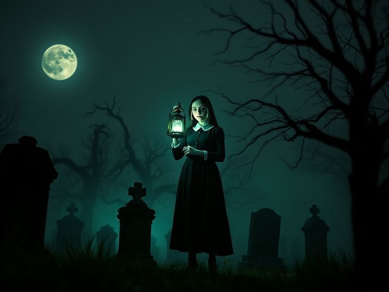 A moody, cinematic shot of Jenna Ortega as Wednesday Addams standing in front of Nevermore Academy at dusk, with gothic archi
