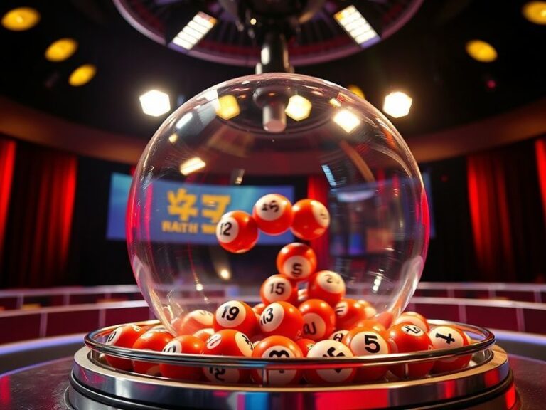 A close-up of a lottery draw machine in action, with glowing balls suspended in mid-air and a live broadcast screen in the ba