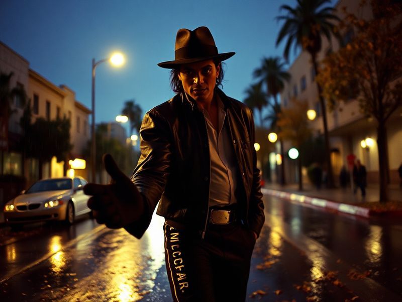 A cinematic close-up of Michael Jackson performing on stage, bathed in spotlight with a backdrop of his iconic red jacket and