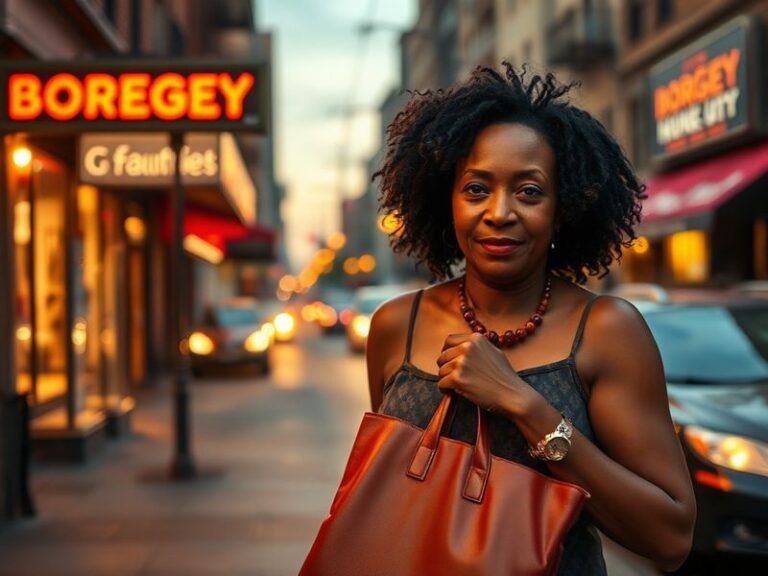 A vibrant studio photograph of Karon Prunty in front of a large abstract painting with layered textures and bold colors, wear