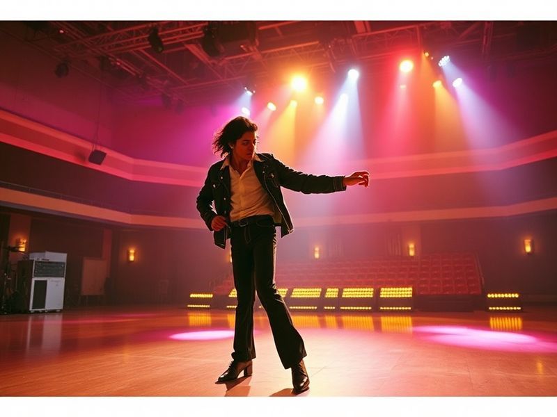 A cinematic still of a young Michael Jackson performing on stage, bathed in dramatic lighting, with a blurred, shadowy figure
