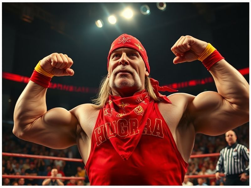A dynamic shot of Hulk Hogan mid-pose during his prime wrestling years, wearing his signature red and yellow bandana, flexing