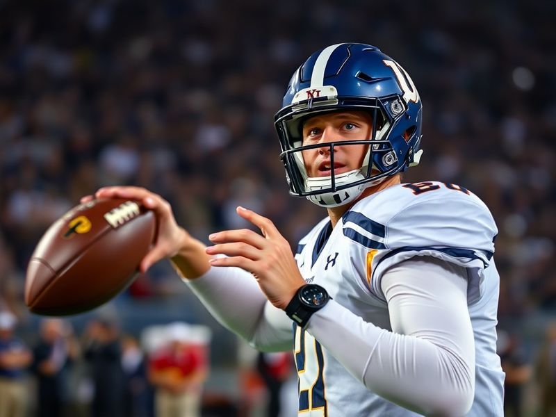A dynamic action shot of Jack Kelly in a BYU football uniform mid-game, with a stadium crowd blurred in the background. The s