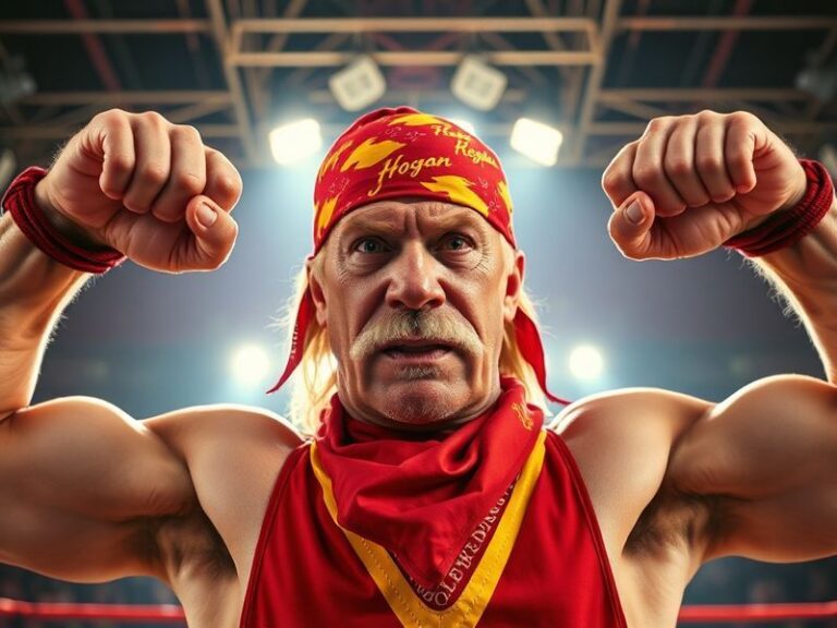 A vibrant action shot of Hulk Hogan mid-wrestling pose in his iconic red and yellow bandana, surrounded by 1980s wrestling ri