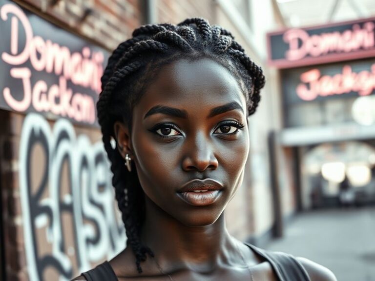 A dynamic portrait of Domani Jackson on stage, bathed in neon and soft pink lighting, wearing a metallic jacket and fingerles