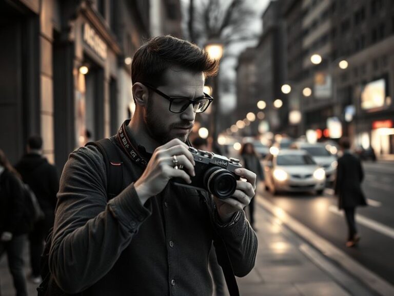 A candid portrait of Micah Morris in a minimalist studio setting, surrounded by vintage cameras and film equipment, with soft
