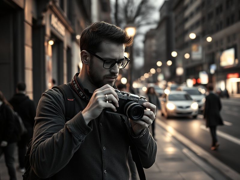 A candid portrait of Micah Morris in a minimalist studio setting, surrounded by vintage cameras and film equipment, with soft