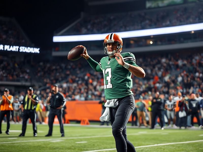 A mid-game shot from the stands showing Kenny Pickett in a Browns uniform mid-throw, with the Cleveland skyline blurred in th