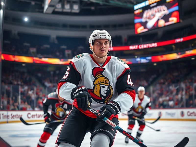 A vibrant hockey rink scene featuring the Ottawa Senators in their classic red and black jerseys, with a passionate crowd in