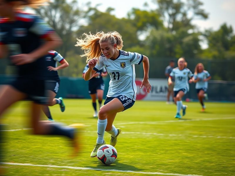 A dynamic action shot of Mika Godts in Club Brugge’s youth kit, mid-dribble on a rain-soaked pitch with blurred stadium light