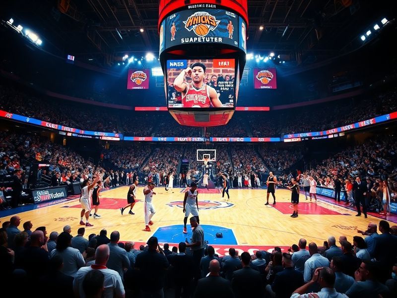 A basketball court with players in action during a Knicks vs Hawks game, highlighting key players like Julius Randle, Trae Yo