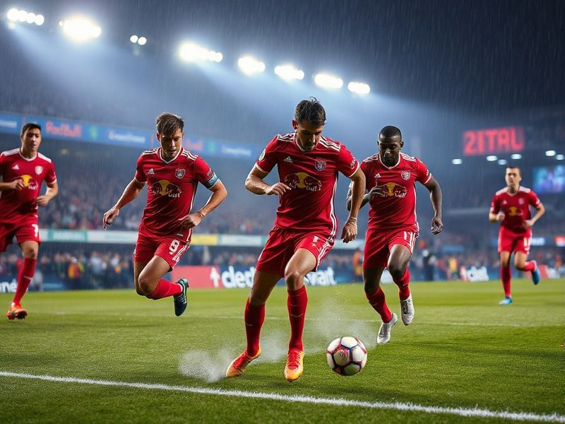 A dynamic action shot of New York Red Bulls vs FC Cincinnati match at Red Bull Arena, showing players in mid-challenge during