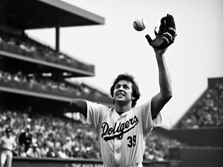A black-and-white photo of Rick Monday, mid-stride on a baseball field, wearing a Los Angeles Dodgers uniform. He is looking