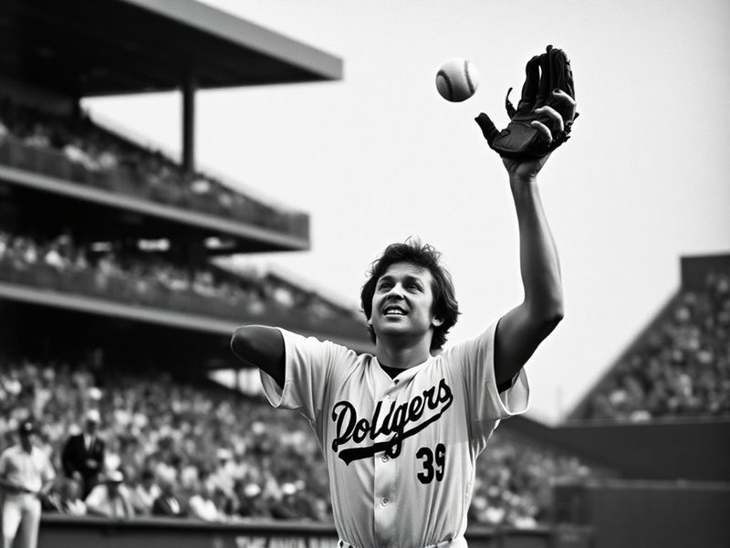 A black-and-white photo of Rick Monday, mid-stride on a baseball field, wearing a Los Angeles Dodgers uniform. He is looking
