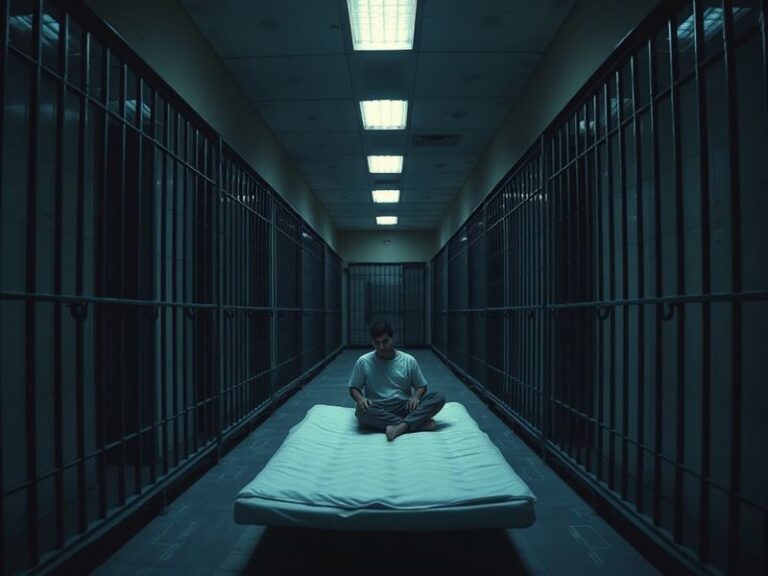 Aerial view of a detention center exterior at dusk, showing fenced perimeters and sparse landscaping. Inside, shadowed figure