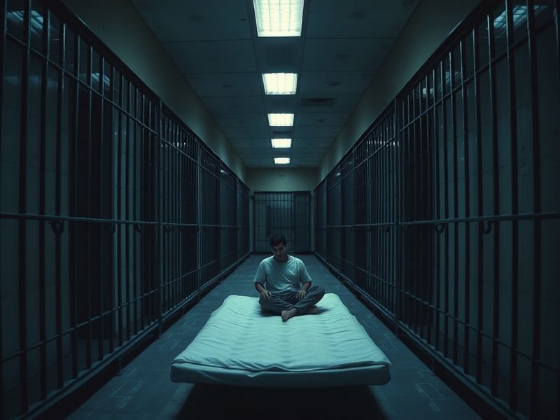 Aerial view of a detention center exterior at dusk, showing fenced perimeters and sparse landscaping. Inside, shadowed figure