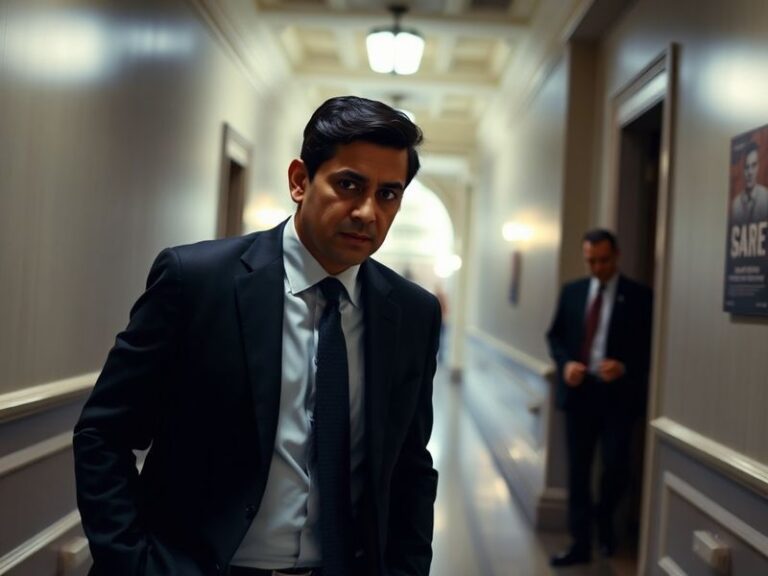 A split-image composition: on the left, Kash Patel speaking at a podium with an American flag backdrop; on the right, a close