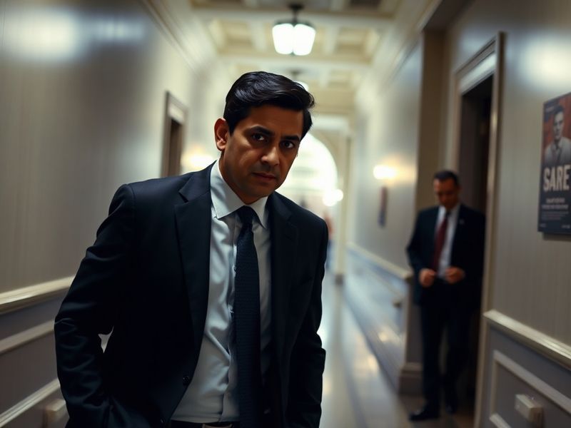 A split-image composition: on the left, Kash Patel speaking at a podium with an American flag backdrop; on the right, a close