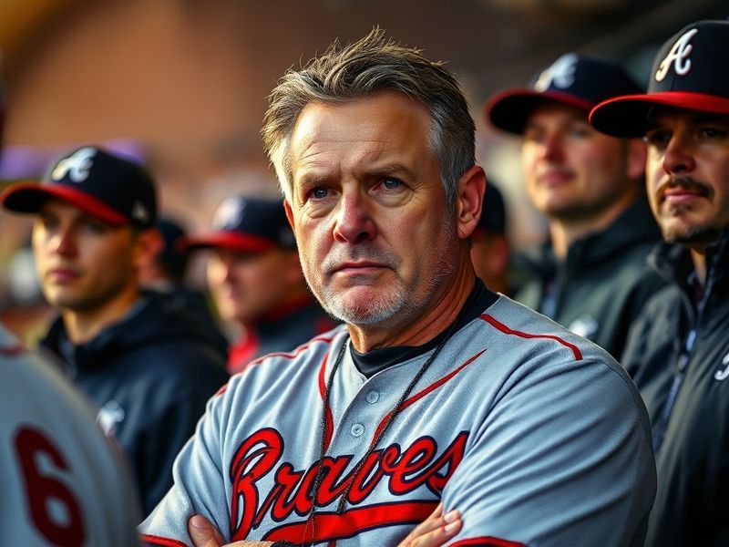A candid shot of Brian Snitker in the Braves' dugout, wearing a navy blue jacket and white pants, focused intently on the gam