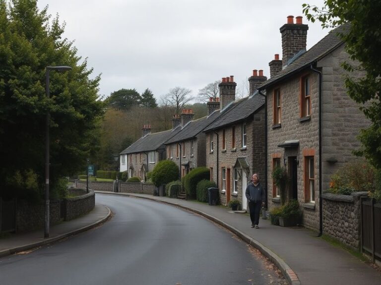 A serene view of Collin Glen Forest Park in Dunmurry, featuring lush greenery, a winding river, and a wooden footbridge under