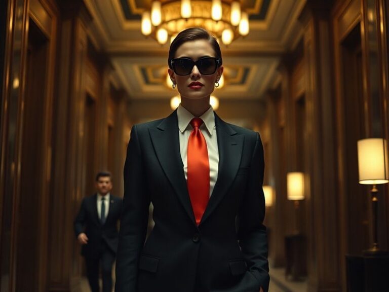 A split-screen image: left side shows Meryl Streep as Miranda Priestly in her iconic Runway office, right side shows a modern