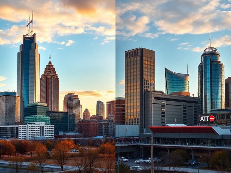 Aerial view at dusk comparing Charlotte's skyline (with Bank of America tower) and Nashville's skyline (with AT&T building),