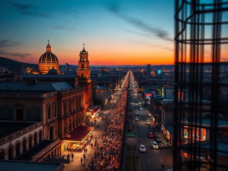 A panoramic view of Tijuana’s Avenida Revolución at dusk, with neon signs, pedestrians, and the glow of San Diego visible acr