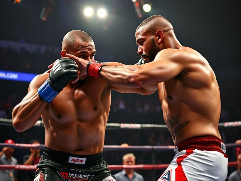 Montel Jackson in mid-combination during a UFC fight, wearing red gloves and white shorts, with the Octagon and crowd blurred