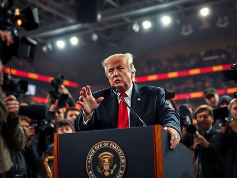 A tense scene at a Trump rally with security personnel and attendees reacting to gunshots, smoke rising in the background, an