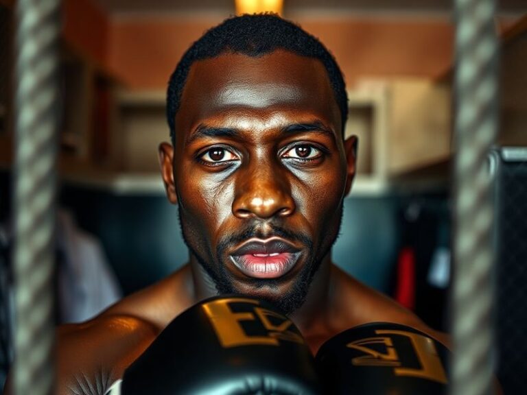 A dynamic action shot of Montel Jackson mid-fight in the UFC octagon, wearing his black and gold fight gear, with a focused e