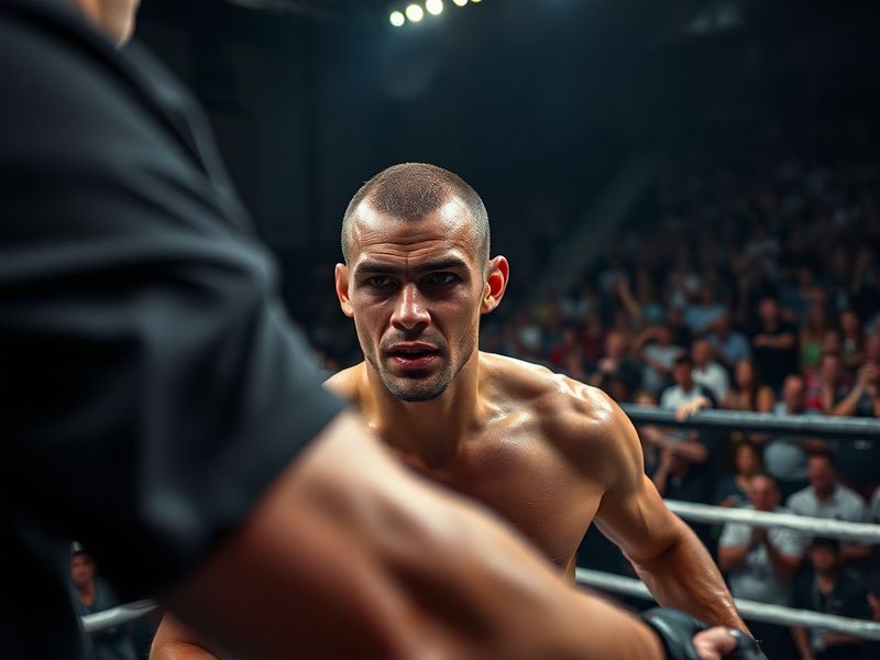 A dynamic action shot of Davey Grant mid-fight in the UFC octagon, wearing his signature red shorts with the Scottish flag, l