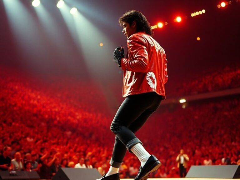 A cinematic still of a young Michael Jackson performing on stage with dramatic lighting, surrounded by fans and paparazzi, ca