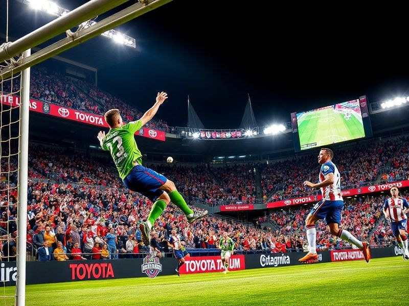A dynamic action shot of FC Dallas vs Seattle Sounders match, featuring players in mid-play under stadium lights, with fans i