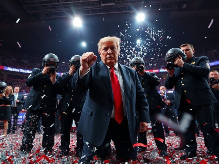 A tense scene at a political rally with police snipers on rooftops, surrounded by barricades and concerned attendees under a