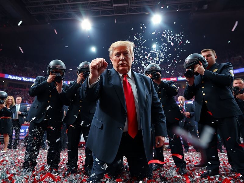 A tense scene at a political rally with police snipers on rooftops, surrounded by barricades and concerned attendees under a