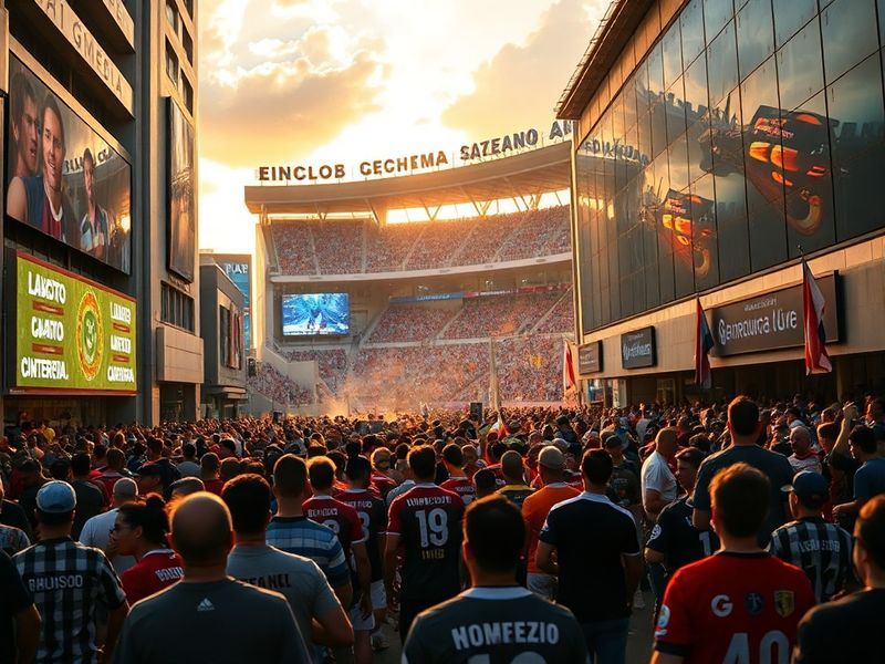 A packed Estadio Olímpico Benito Juárez with black-and-green-clad fans waving banners, smoke filling the air, and players in