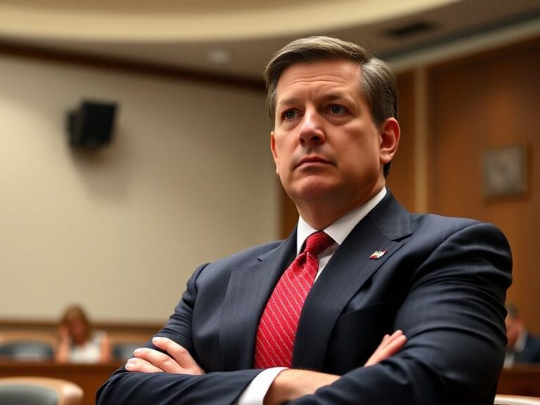 A professional portrait of Markwayne Mullin in a suit, standing in front of an Oklahoma state flag and a Native American cult