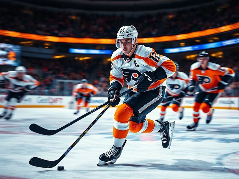 A dynamic on-ice action shot of Travis Konecny in full Flyers uniform, mid-stride with puck possession, surrounded by opponen