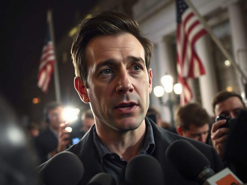 A formal portrait of Todd Blanche in a suit, standing in a courtroom or office setting with law books and legal documents in