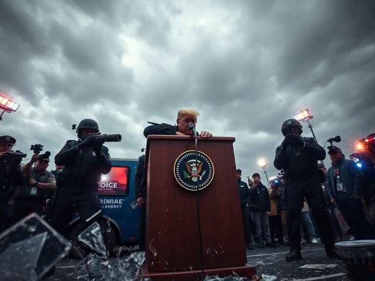 A chaotic scene at a political rally with Secret Service agents rushing a candidate to safety while gunshots are fired in the
