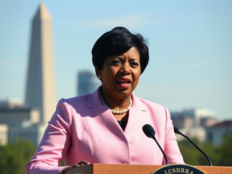 A professional portrait of Muriel Bowser in her mayoral office, wearing a dark blazer against a backdrop of D.C. cityscape, w