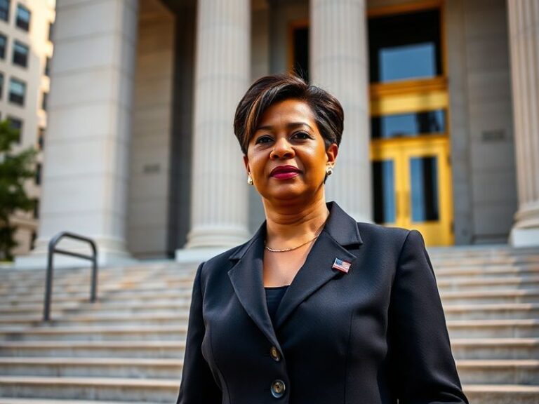 A professional portrait of Muriel Bowser speaking at a podium, with the Washington Monument blurred in the background, convey