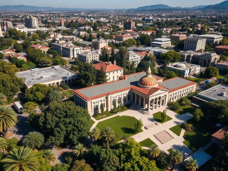 Aerial view of Caltech's campus in Pasadena, featuring modern research buildings, the iconic Athenaeum, and lush greenery und