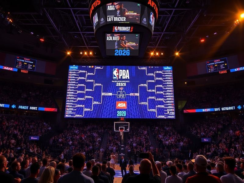 A dynamic NBA arena scene at night, with a scoreboard displaying playoff matchups for 2026. The court is illuminated, and a c