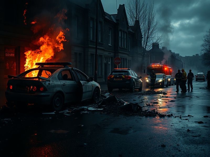 A black-and-white photo of the aftermath of the car bomb explosion at Dunmurry Police Station in 1989, showing damaged buildi