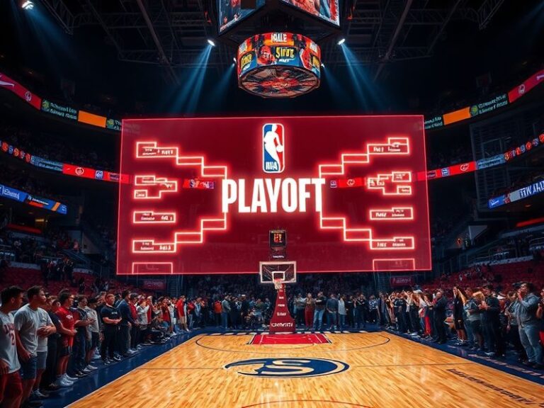 A diverse group of fans from different countries gathered around a large screen displaying an NBA playoff bracket. The scene
