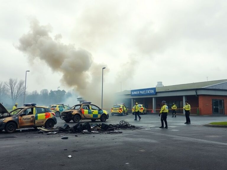 A black-and-white photo of Dunmurry police station after the 1990 car bomb attack, showing shattered windows, damaged walls,