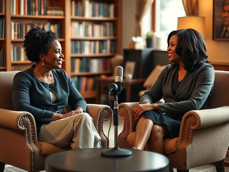 A split-screen image showing Angel Reese in an LSU basketball uniform on one side and Michelle Obama in a studio setting on t