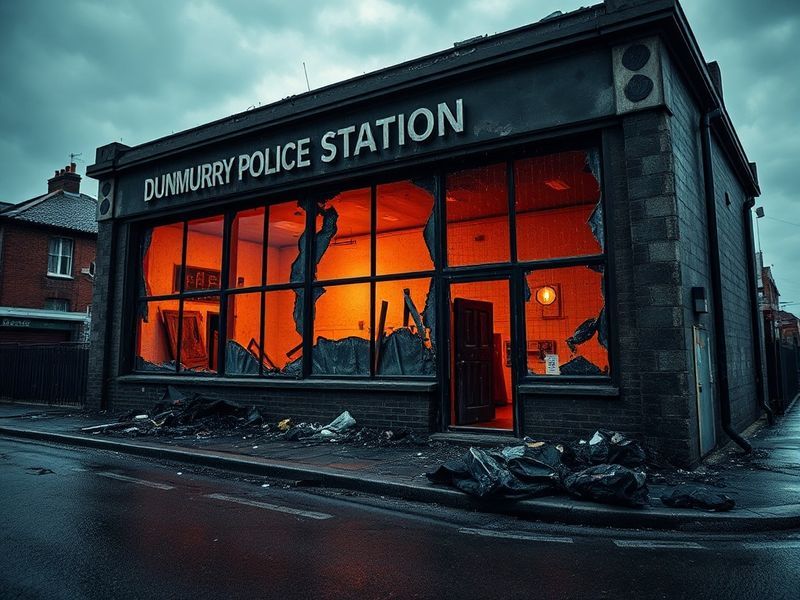 A black-and-white archival photo of Dunmurry police station after the 1989 car bomb explosion, showing damaged buildings, sha